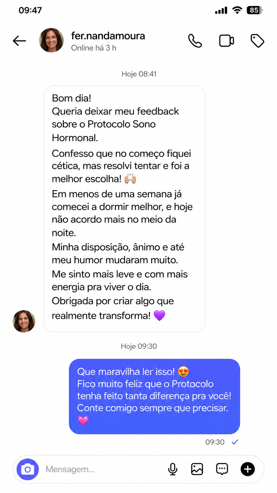 Depoimento de cliente sobre o Protocolo Sono Hormonal
