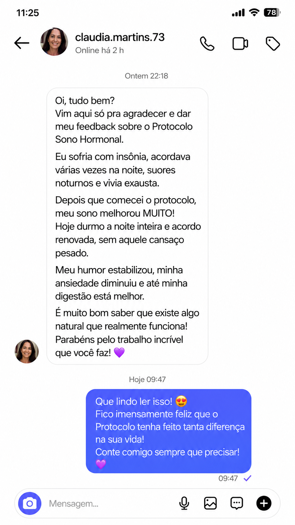 Depoimento de cliente sobre o Protocolo Sono Hormonal